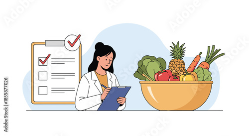 Professional nutritionist in a white coat writing on a clipboard next to a bowl of fresh vegetables and a checklist.