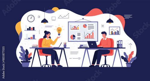 Professional man and woman working in a modern office using laptops and analyzing business data charts on a whiteboard.