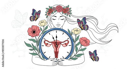 Illustration of a woman holding a large clock featuring a uterus and ovaries surrounded by flowers and butterflies.