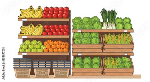 Shelves in a grocery store stocked with fresh bananas apples oranges cabbage corn and baskets for shopping.