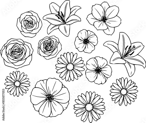 Set of different flower linens on a white background.