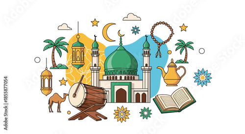 Beautiful illustration of a mosque with traditional elements like lanterns quran camel and palm trees for ramadan celebration.