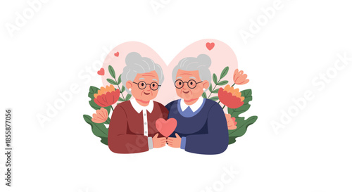 Two elderly women holding a heart and embracing each other surrounded by flowers to show love and senior companionship.