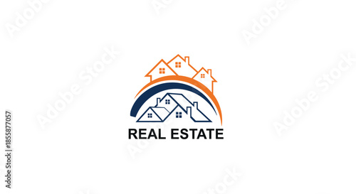 Professional real estate logo design featuring multiple house silhouettes and a semi-circular bridge element in blue and orange.