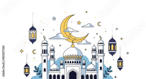 Serene night scene with a mosque under a large crescent moon and hanging lanterns for islamic religious celebrations.
