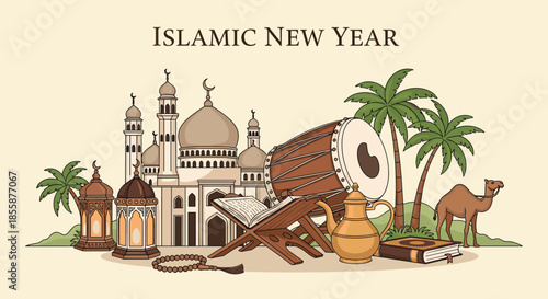 Detailed illustration for islamic new year with a mosque palm trees camel holy quran lanterns and traditional drum.