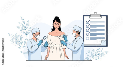 Doctors in medical uniforms examining a woman for plastic surgery or skin treatment with a checklist for procedures.