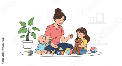Young woman playing with a baby and a little girl using various colorful toys on a rug in a bright room.