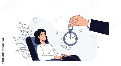 Hand holding a pocket watch swinging in front of a woman to represent hypnosis therapy or time management concepts.