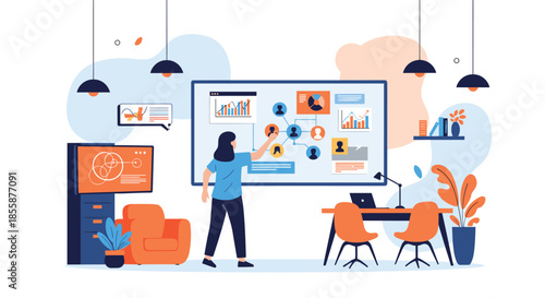 Professional woman working on a large digital board analyzing social networks and business data in a modern office.