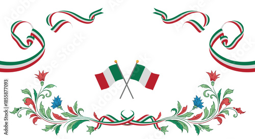 Italian flags with decorative floral patterns and ribbons in green white and red colors for celebrating republic day of italy.