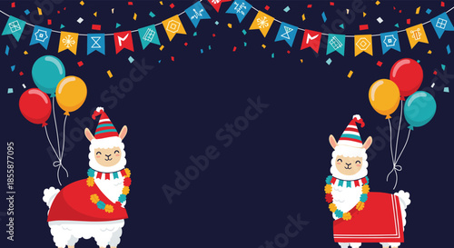 Two cute llamas wearing festive party hats and scarves celebrating with colorful balloons and bunting on dark background.