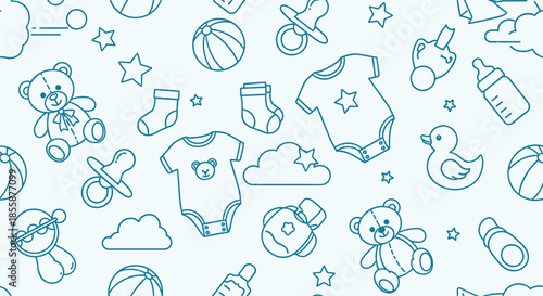 Seamless pattern background featuring various baby items like teddy bears, bottles, onesies, and toys in blue line art.