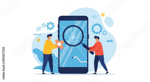 Two technical experts repairing cracked screen of giant smartphone using magnifying glass and adhesive bandage.