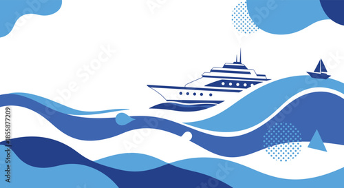 Luxurious yacht and small sailboat cruising on blue ocean waves with abstract shapes in background for travel.