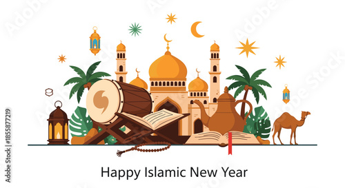 Islamic New Year greeting banner with mosque, quran, drum, camel, and lanterns in traditional middle eastern style.