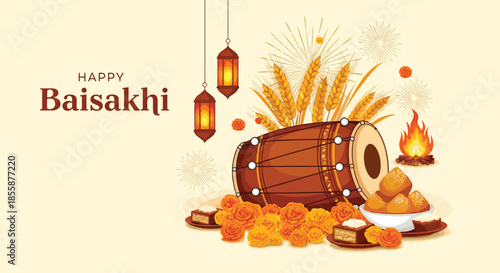 Indian Baisakhi festival celebration featuring traditional drum, wheat stalks, lanterns, fire, and delicious sweets.