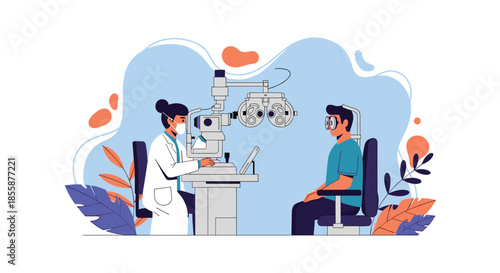 Female ophthalmologist conducting comprehensive eye exam for patient using specialized clinical optical devices.