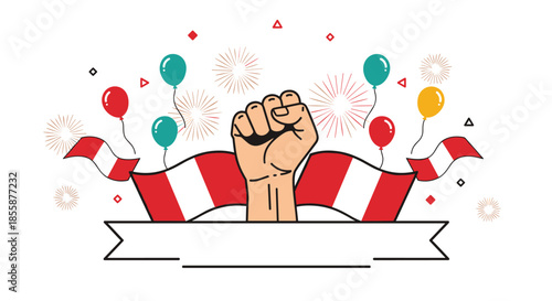 Peru independence day celebration featuring raised fist with national flags, balloons, and fireworks for victory.