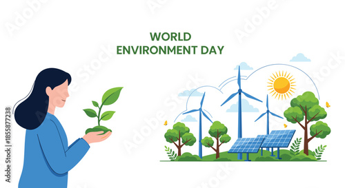 World Environment Day illustration with a woman holding a small plant against a background of wind turbines and solar panels for energy.
