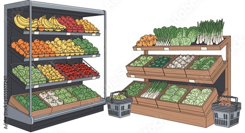 Fresh produce display in a grocery store featuring organized shelves and baskets full of colorful fruits and green leafy vegetables.