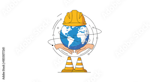 Planet earth wearing a yellow construction hard hat supported by hands and surrounded by traffic cones for global safety and building.