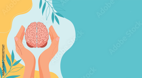 Human hands gently cupping a brain on a peaceful teal background with floral elements symbolizing mental health care and wellness.