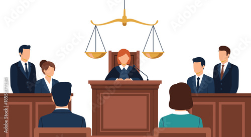 Legal courtroom proceedings with a judge presiding at the bench under scales of justice while the jury and lawyers observe the trial.