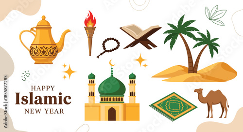 Happy Islamic New Year banner featuring traditional cultural elements like a mosque, teapot, torch, beads, Quran, desert, and a camel.