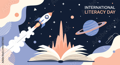 International Literacy Day illustration with a rocket launching from an open book into space with stars and planets for learning.