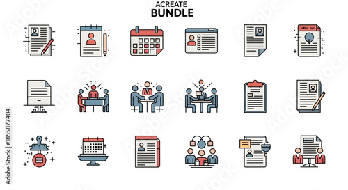 A comprehensive bundle of business, human resources, and recruitment-related icons, featuring documents, meetings, and application processes.