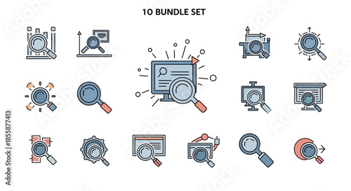 A bundle set of ten flat line icons depicting various concepts of search, data analysis, optimization, and digital research.