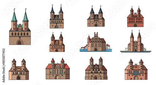 Collection of Medieval Castle Buildings Illustrations.
