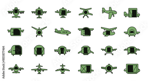 A collection of green flat design icons depicting various military and civilian aircraft, including planes, helicopters, and cargo vehicles from multiple perspectives.