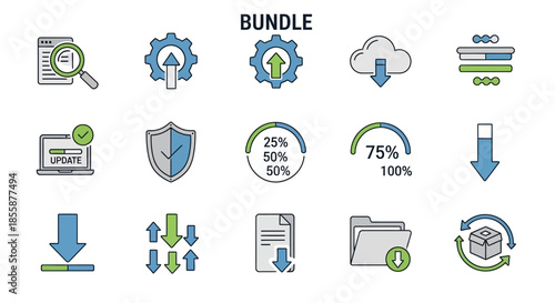 Set of modern vector icons for data management, software updates, cloud services, file transfers, and system security, featuring progress bars and download/upload symbols.