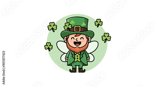 Cute Leprechaun Character with Clover Wings and Hat.
