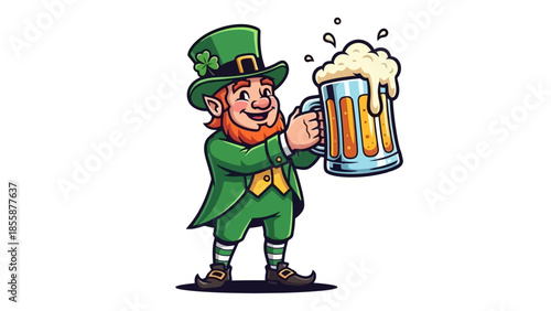 Happy Leprechaun Holding a Frothy Mug of Beer.