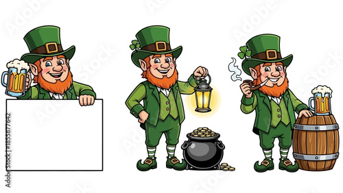 Three Leprechauns Celebrating St Patricks Day With Drinks.