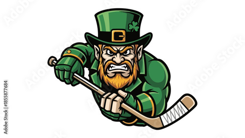 Angry Leprechaun Hockey Player Mascot Aggressively Playing Ice Hockey.