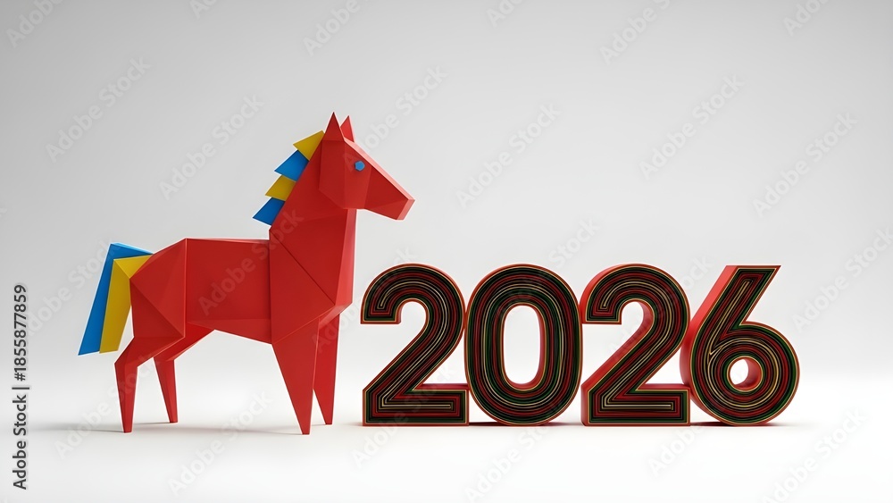 Obraz premium Vibrant low poly origami style red horse figure standing next to large stylized layered number twenty twenty six sculpture representing the upcoming new year celebration or zodiac animal theme