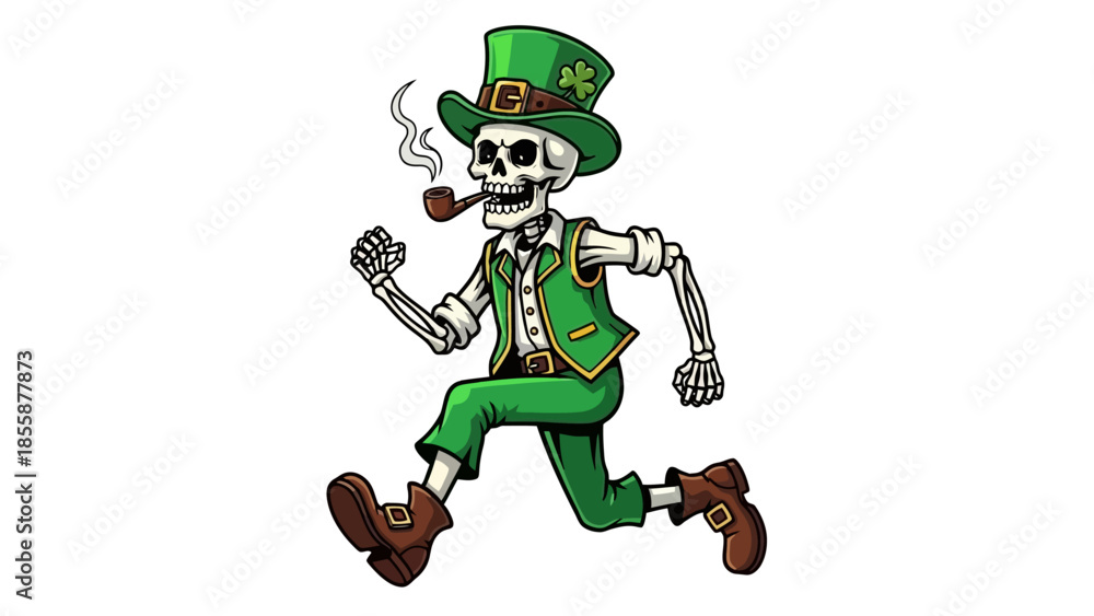 Fototapeta premium Skeleton Leprechaun Smoking Pipe Running Joyfully.