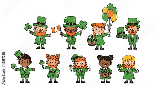 Collection of Diverse Leprechauns and Children Celebrating St. Patricks Day.