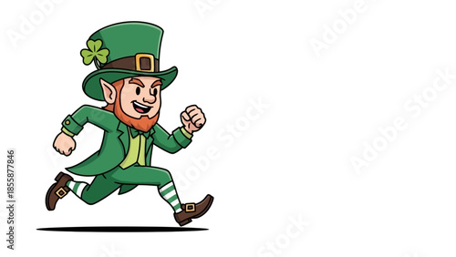 Running Leprechaun Character in Green Outfit with Clover Hat.