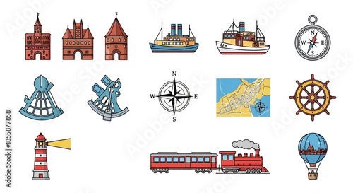 A collection of vintage travel and navigation icons including ships, buildings, compasses, sextants, a map, a ship's wheel, a lighthouse, a train, and a hot air balloon.