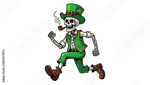 Skeleton Leprechaun Smoking Pipe Running Joyfully.