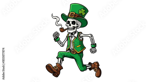 Skeleton Leprechaun Running with Smoking Pipe.