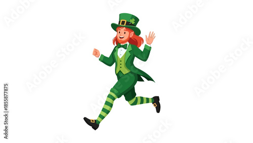 Happy Leprechaun Running in Green Costume.