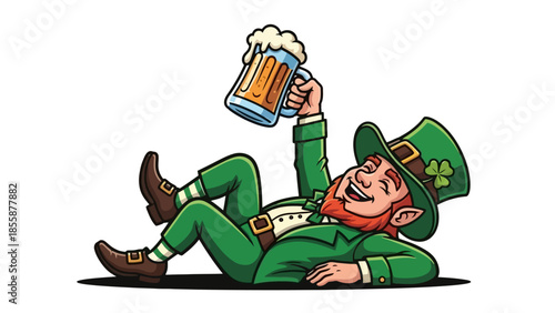 Drunk Leprechaun Celebrating with Beer Mug.