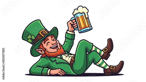 Happy Leprechaun Lying Down Holding Beer Mug.