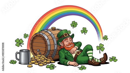 Leprechaun Sleeping Beside Wooden Barrel and Gold Coins.